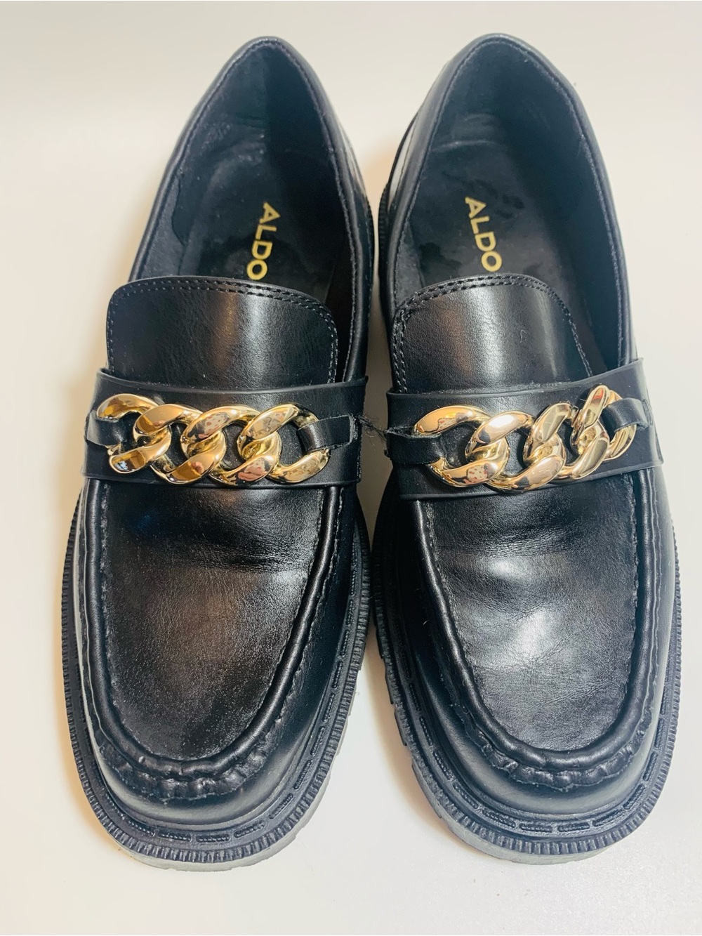 Aldo Black Loafers with Gold Chain Size 7